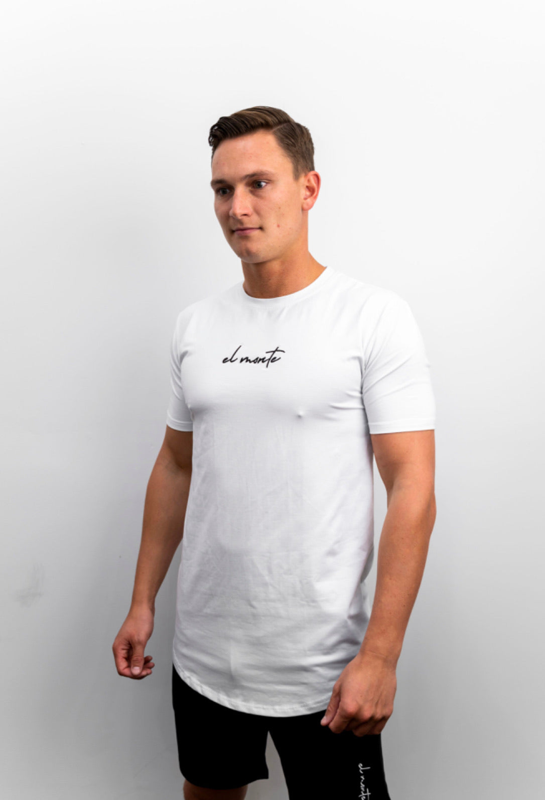Comfortable El Monte white elite slim fit mens T-shirt as worn by UFC star Brandon Moreno